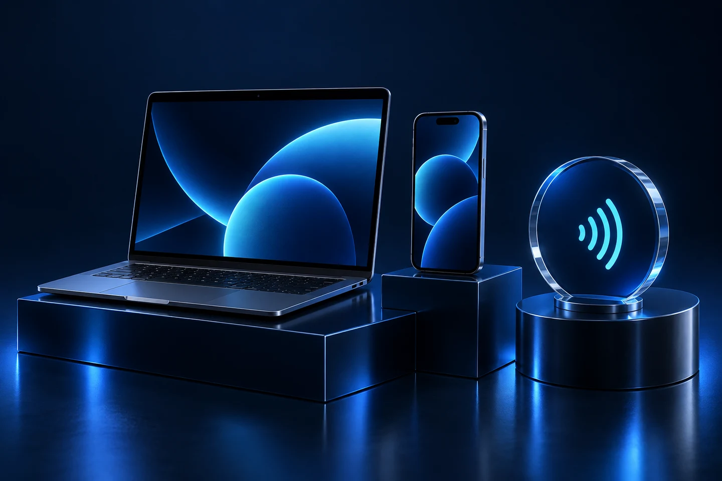 Notebook, smartphone e placa NFC em uma composição azul iluminada