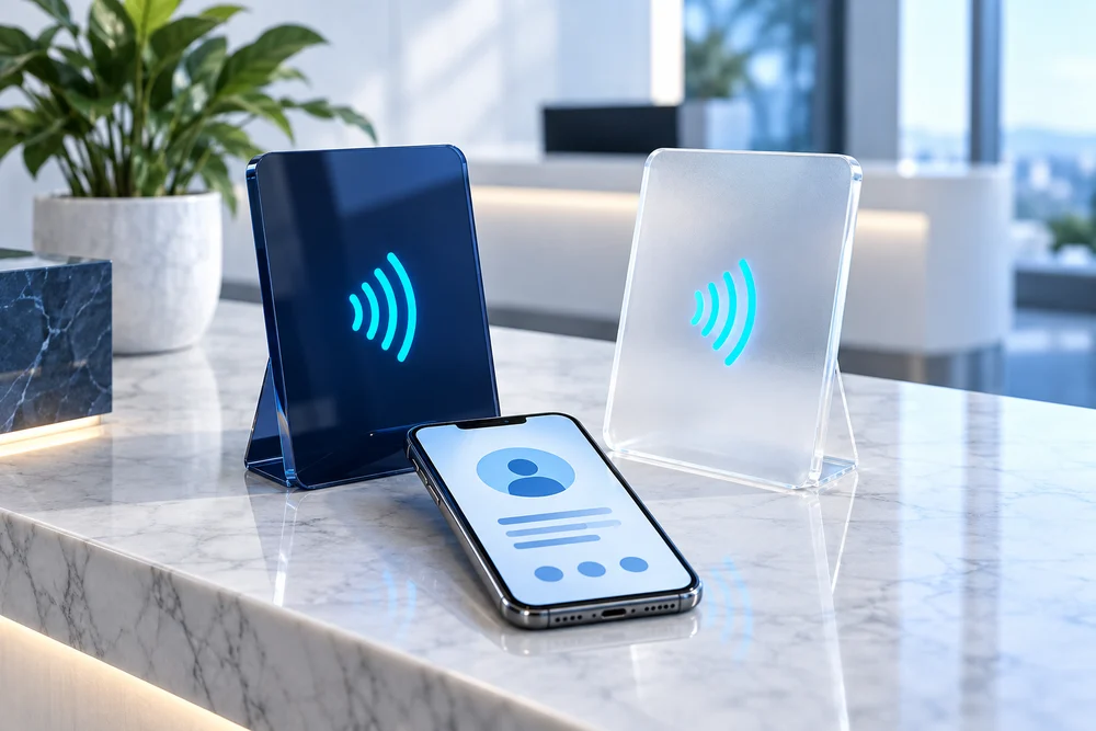 Placas NFC em acrílico azul e transparente em um balcão de atendimento