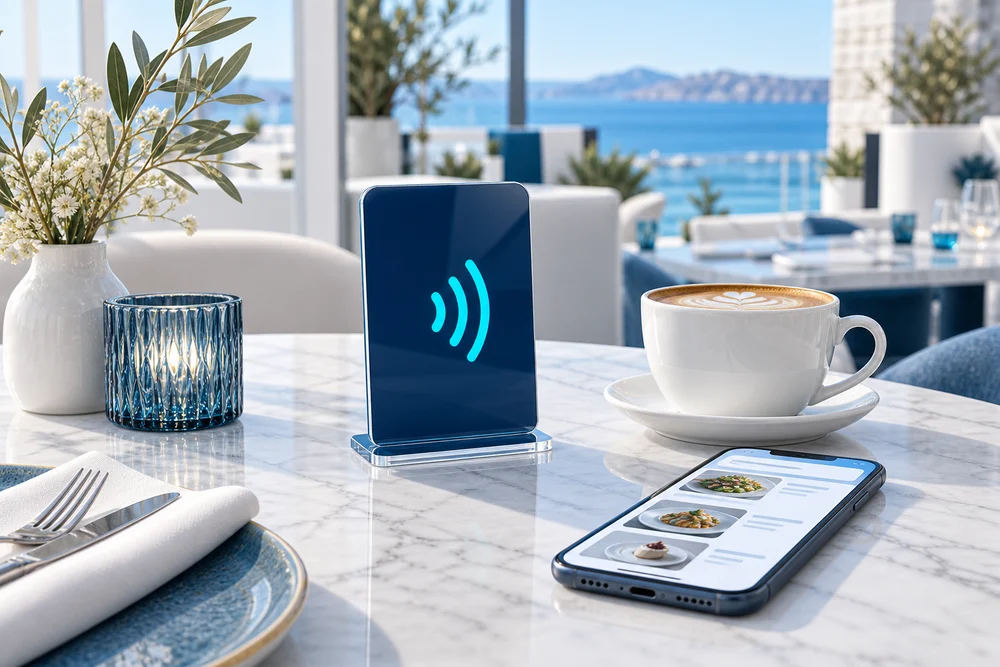 Placa NFC sobre a mesa de um café com um celular exibindo um cardápio ilustrativo